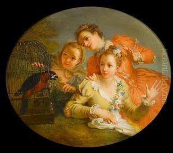 Three Young Girls With A Blue Parrot In A Cage Oil Painting by Joseph Melling