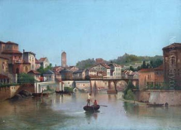 Italian River Scene Oil Painting by P. Mellini