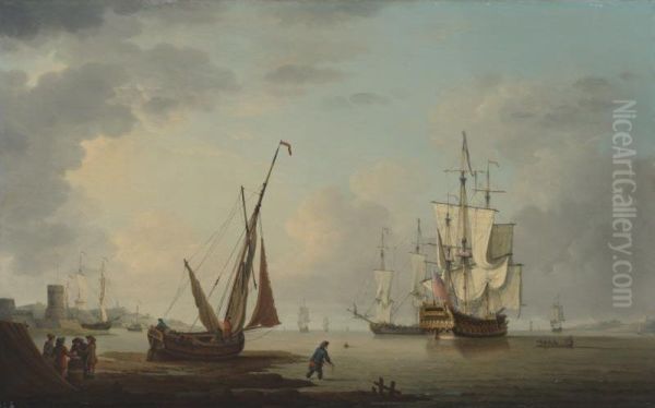 A Two Decker Man-of-war Oil Painting by Thomas Mellish