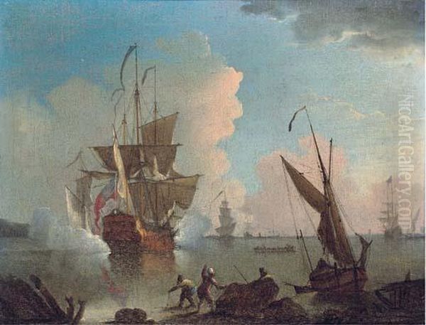 A Warship Announcing Its Departure From The Anchorage Oil Painting by Thomas Mellish