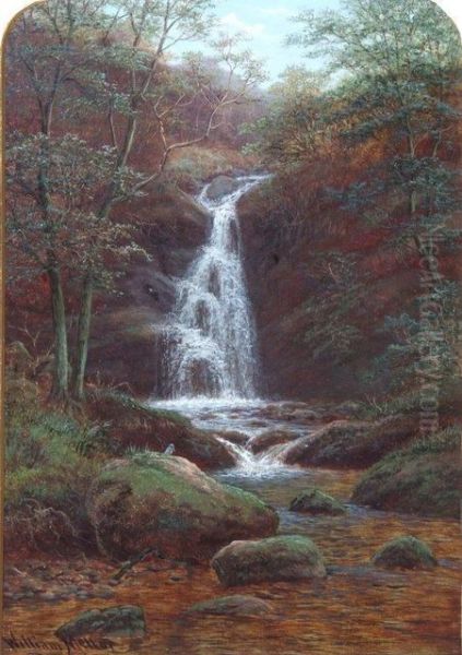 Small Waterfall In English Woodland Oil Painting by William Mellor