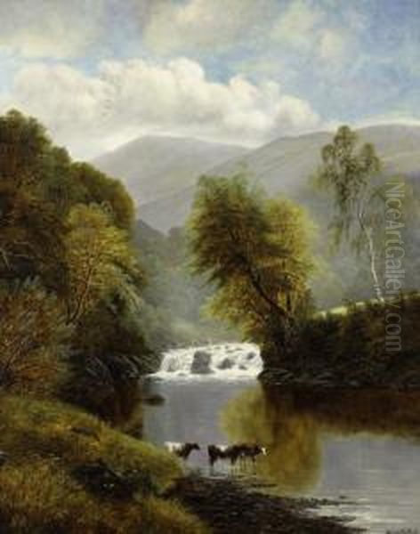 Mountainous Landscape With Cattle And A Waterfall Oil Painting by William Mellor