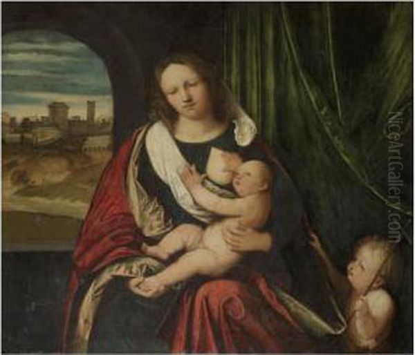 The Madonna And Child With The Infant Saint John The Baptist, A Town Seen Through An Arch To The Left Oil Painting by Altobello Meloni