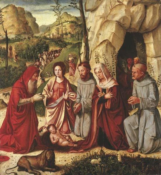 The Adoration Of The Child With Saints Francis Of Assisi, Jerome, Catherine Of Alexandria And Bernardino Of Siena, The Shepherds And Journey Of The Magi Beyond Oil Painting by Altobello Meloni