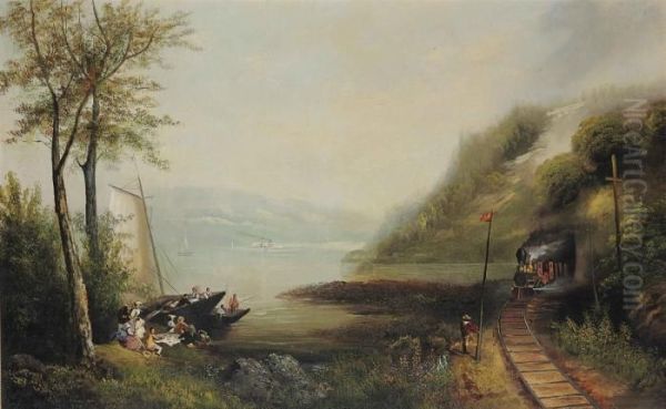 Train Beside The Hudson River Oil Painting by Andrew Melrose