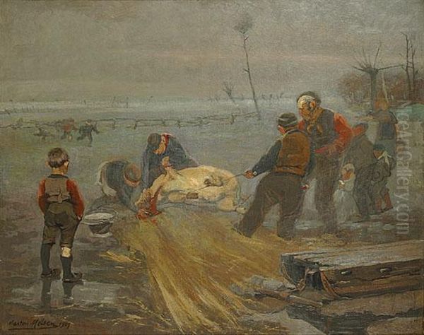 Winterleven (varkensslachting) Oil Painting by Marten Melsen