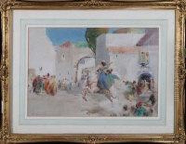 A North African Market Square With A Mamaluke Horseman Gallopingaway With A Captive Young Woman Oil Painting by Arthur Melville