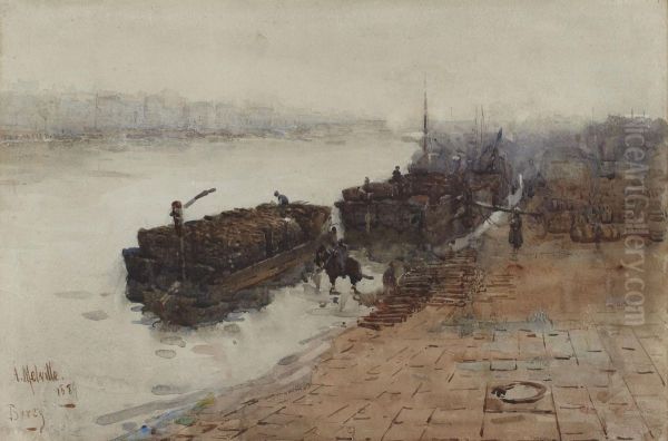 Barges On The Seine At Bercy Oil Painting by Arthur Melville