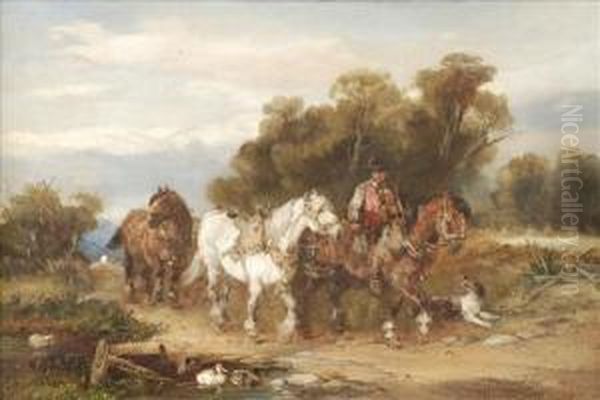 Horses Passing A Pond Oil Painting by Harden Sidney Melville