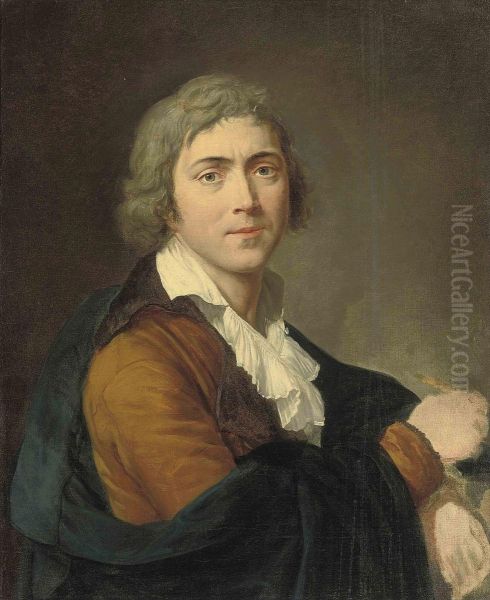 Self-portrait Of The Artist, Half-length, In A Brown Coat And Abrush In His Right Hand Oil Painting by Francois-Guillaume Menageot