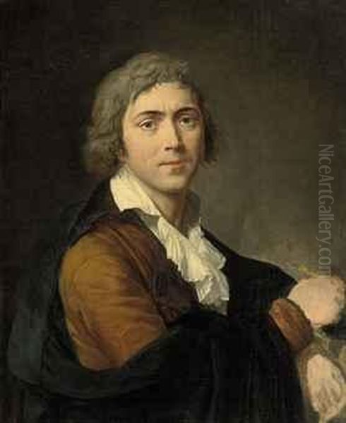 Self-portrait Of The Artist, Half-length, In A Brown Coat And A Brush In His Right Hand Oil Painting by Francois-Guillaume Menageot