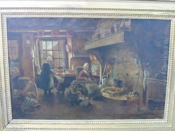 Interieur De Cuisine Anime Oil Painting by Rene Joseph Menard