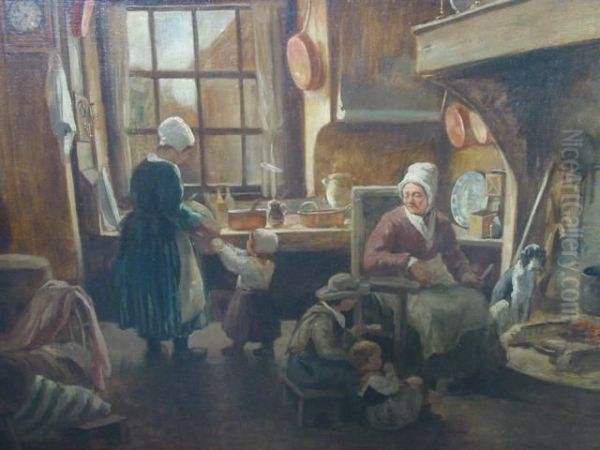 Interieur De Cuisine Anime Oil Painting by Rene Joseph Menard