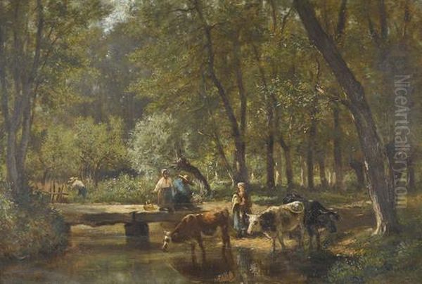 Waldpartie Mit Kuhen Bei Einem Bach Oil Painting by Rene Joseph Menard