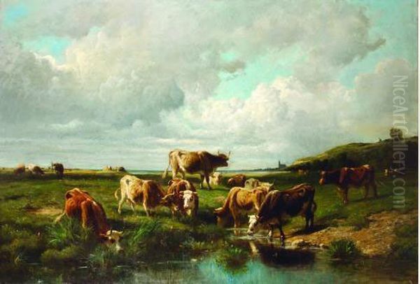 Vaches S'abreuvant Oil Painting by Rene Joseph Menard