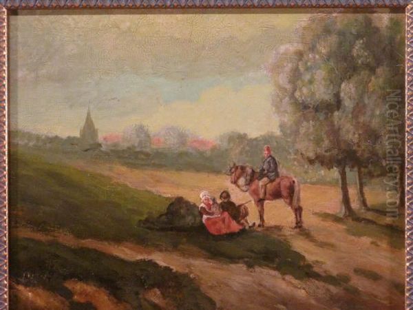 Landschaft Mit Personenstaffage Vor Stadtsilhouette Oil Painting by Samuel Henri Mendes Da Costa