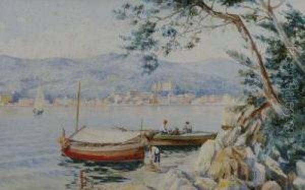 'fishing Boats In A Mediterranean Bay Oil Painting by Carlo Menegazzi