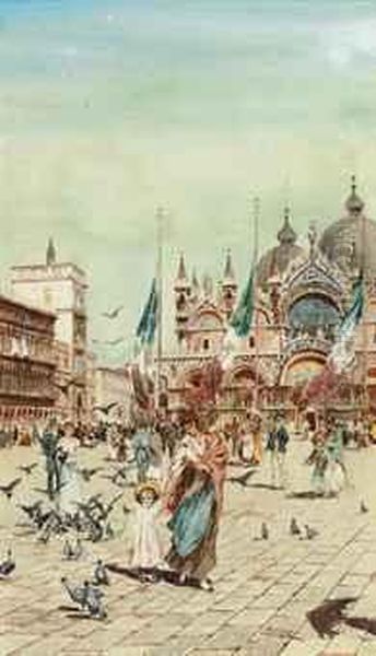 Travellers In The Piazza San Marco, Venice Oil Painting by Carlo Menegazzi