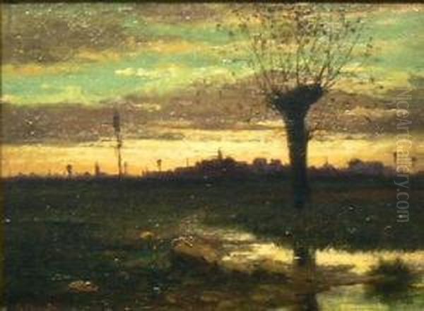 Golden Sunset Over Boston Oil Painting by Enrico Meneghelli