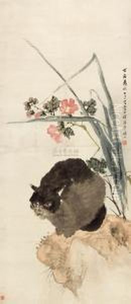 Cat With Cattail And Stone Oil Painting by Zhu Menglu