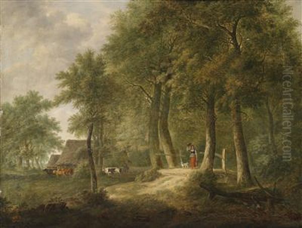 A Wooded Landscape Oil Painting by Johann Heinrich Menken