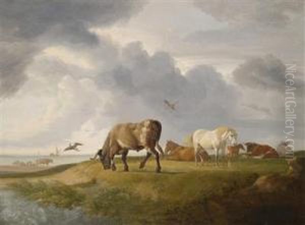 Cows And Horses Grazing On A Coast Oil Painting by Johann Heinrich Menken