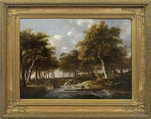 Grose Norddeutsche Waldlandschaft Mit Bauern An Der Tranke Oil Painting by Johann Heinrich Menken