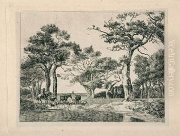 2 Bll.: Die Vieherde Mit Hirten - Landschaft Mit Pferdewagen. Oil Painting by Johann Heinrich Menken