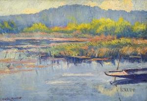 In Impressionistischem Duktus Gearbeitete Idyllische Seenlandschaft Mit Grasbewachsenem Ufer Und Kleinem Nachen Oil Painting by Charles Menneret