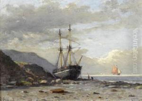 Coastal Landscape With Ship Run Aground Oil Painting by Louis Mennet