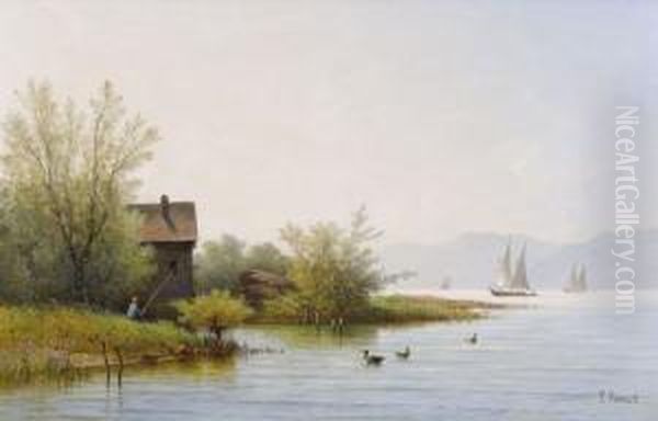 Sommerliche Uferpartie Am Genfersee Mit Angler Oil Painting by Louis Mennet