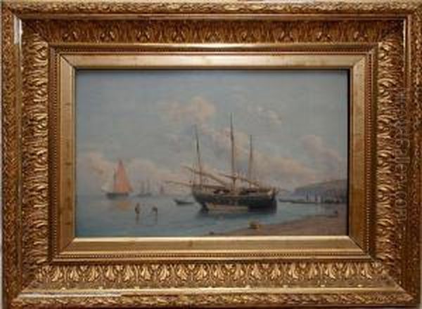 Boats & Figure Son Shoreline Oil Painting by Louis Mennet