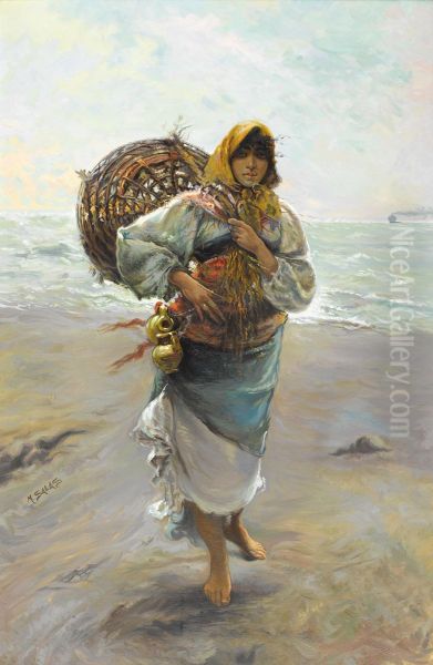 Portrait Of A Gypsy Girl With Sack Oil Painting by Manuel Mensa Salas