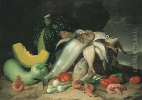 Nature Morte Aux Poissons Oil Painting by Antonio Mensaque Y Alvarado