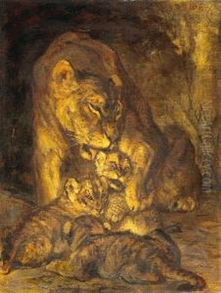 A Lioness And Her Cubs Oil Painting by Cornelis Jan Mension