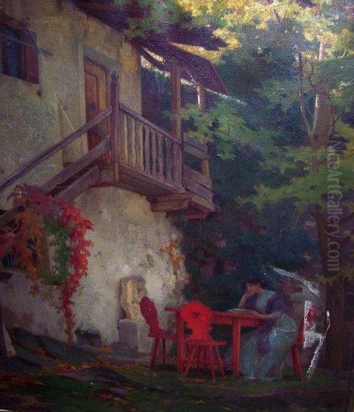 Reading At A Red Garden Table Oil Painting by Wilhelm Menzler Casel