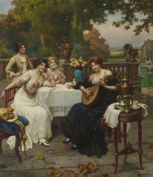 Musikalische Unterhaltung Auf Der Terrasse. Oil Painting by Wilhelm Menzler Casel