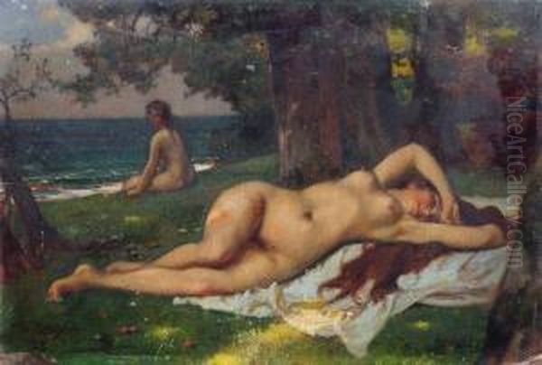 Femme Nu Eau Bord De L'eau Oil Painting by Wilhelm Menzler Casel