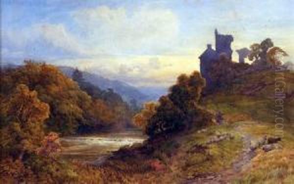 Roslyn Castle Near Edinburgh At Sunset Oil Painting by Frederick Mercer