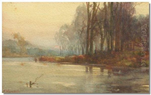 Mercer, River Scenewith Woods Beyond, Watercolour, Signed, 11cms X 18cms Oil Painting by Frederick Mercer