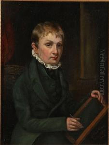 Portrait Of Young Man Holding A Writing Slate - Possibly A Self-portrait Oil Painting by William Mercer