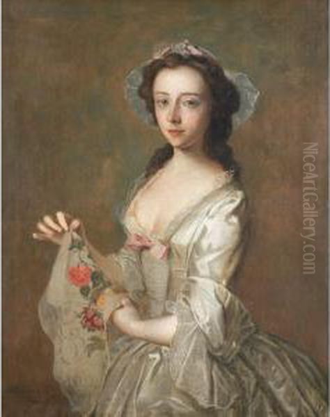 Lady Holding A Floweredscarf Oil Painting by Philippe Mercier