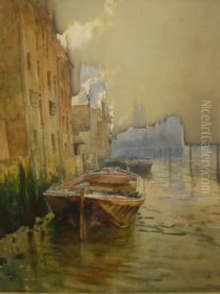 Barges On A Waterfront Oil Painting by Ruth Mercier