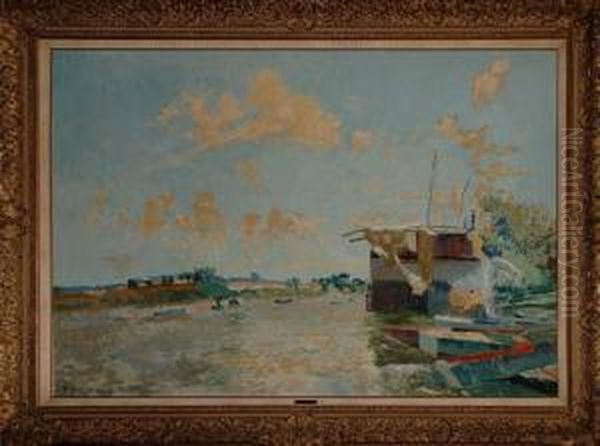 Le Coup De Vent A Poissy-sur-seine Oil Painting by Jules Merckaert