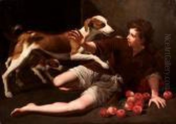 Fanciullo Con Cani E Mele Oil Painting by Hugues Merle