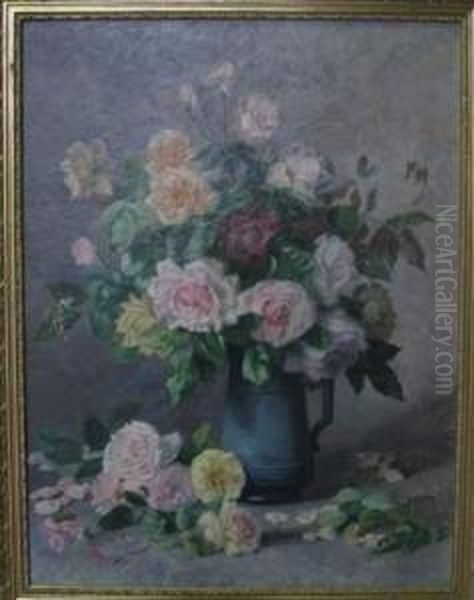 Bouquet De Roses Au Pot D'etain Oil Painting by Daniel Merlin