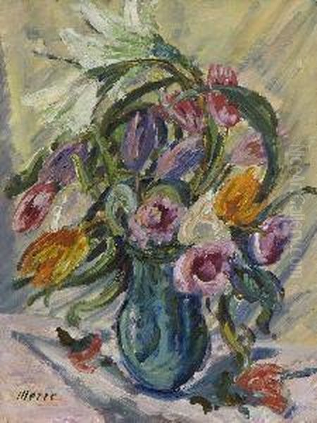 Blumenstillleben Mit Tulpen. Oil Painting by Johanna H. Merre