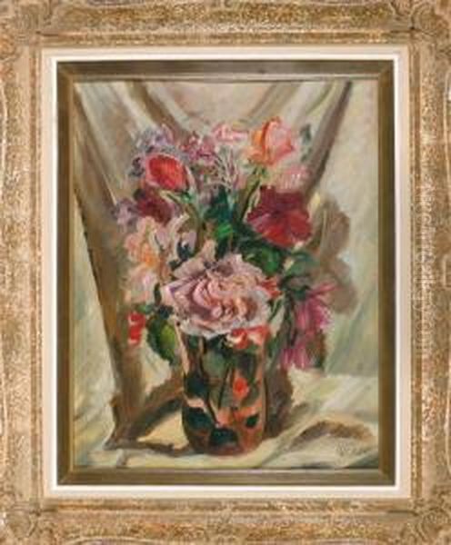 Bunter Blumenstraus In Vase Vor Braunlicher Draperie Oil Painting by Johanna H. Merre