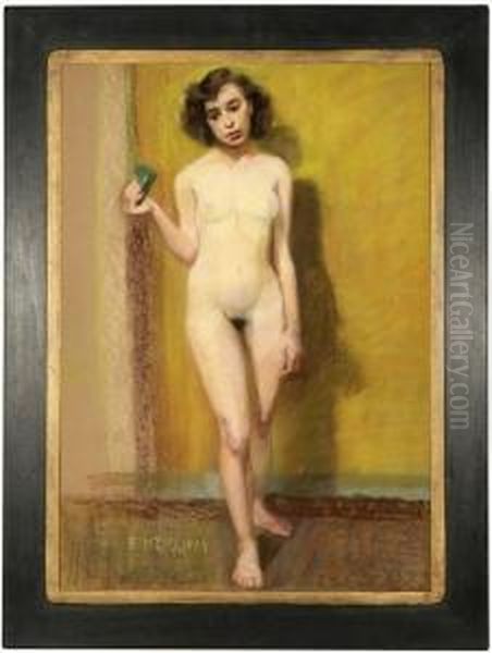 Standing Nude Holding A Green Cup Oil Painting by Eleanor Merriam Lukits