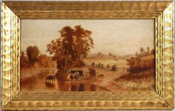 Cows In A Country Landscape Oil Painting by Robert S. Merrill